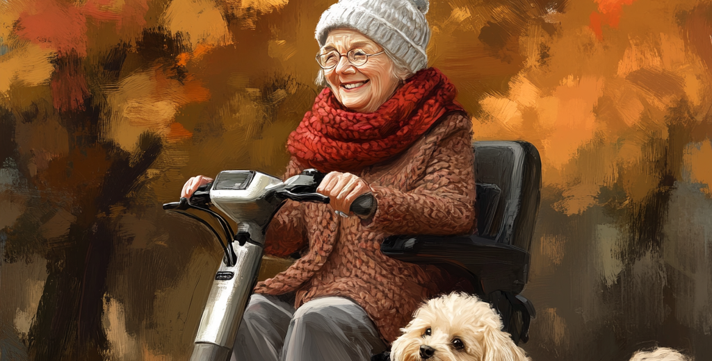 An elderly woman in a mobility wheelchair walking her Cavapoo puppy on a quiet morning street.