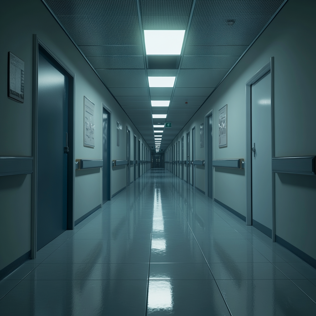 a dimly lit empty hospital corridor